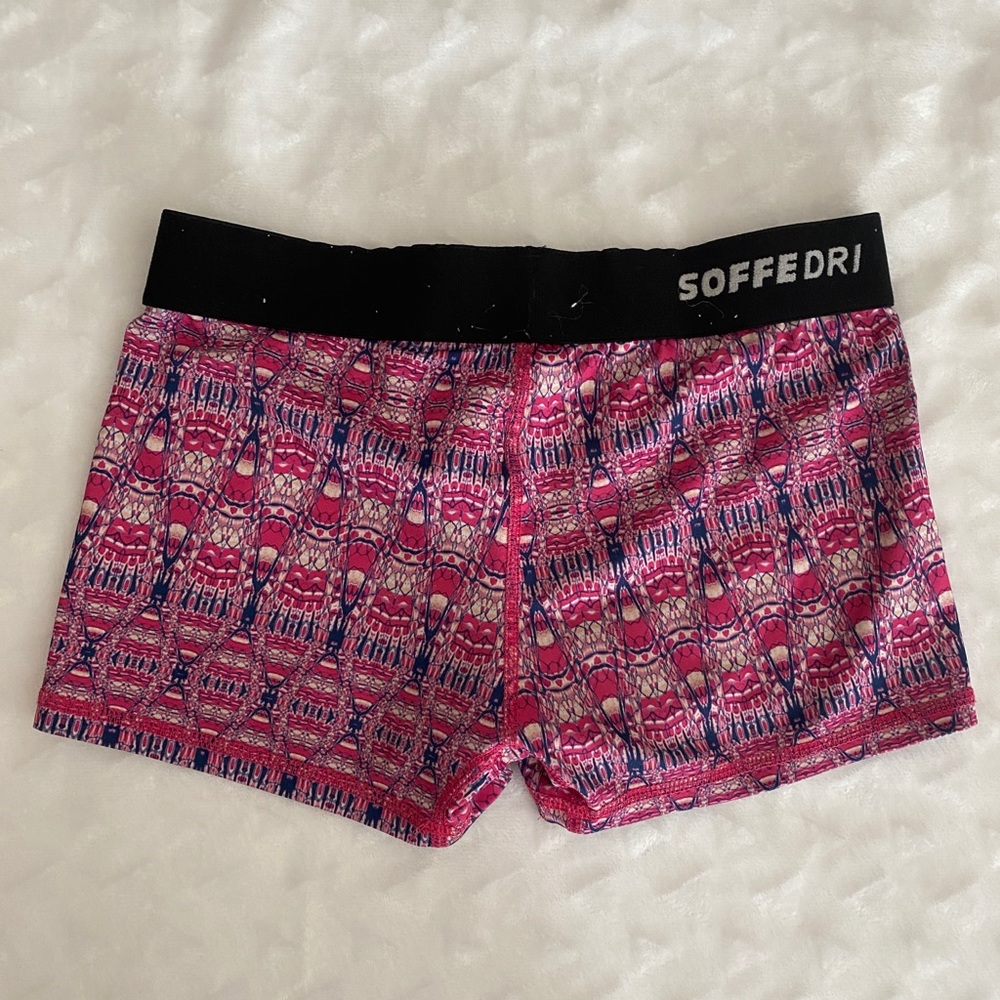 Soffe Dri Fit Compression Shorts | pink and purple pattern with black waist band